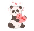 A cute panda holds in its paws a big heart with the inscription Love. Valentine's Day. Vector illustration, doodle Royalty Free Stock Photo