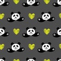 Cute panda hug bear repeat pattern. teddy bear gray background with yellow love heart hand draw cartoon style. doodle illustration