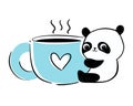 Cute panda hugging giant blue cup with hot drink. Tea or coffee lover. Vector cartoon illustration Royalty Free Stock Photo