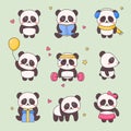 Cute Panda Kawaii Character Sticker Set. White Black Bear with Anime Face Various Emoji Design for Doodle. Comic Animal