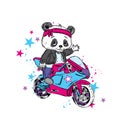 Cute panda on a motorcycle. Panda - biker. Funny Bear. Vector illustration for a card or poster.