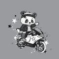 Cute panda on a motorcycle. Panda - biker. Funny Bear. Vector illustration for a card or poster.