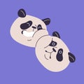 Cute panda muzzles. Couple of asian bears smile and laughing. Pair of funny happy animals faces. China fluffy character