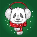 Cute panda in the New Year with headphones. Vector illustration.