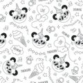 Cute panda pattern on a white background. Black and white abstract outline seamless pattern. Drawing for kids clothes, t-shirts, Royalty Free Stock Photo