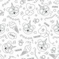 Cute panda pattern on a white background. Black and white outline seamless pattern. Drawing for kids clothes, t-shirts, fabrics or Royalty Free Stock Photo