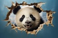 Cute panda peeks through a torn wall, framing empty space