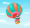 Cute panda pilot is flying on airballoon through the clouds. Vector cartoon illustration for children Royalty Free Stock Photo