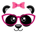 Cute panda with pink bow and glasses. Girlish print with chinese bear for t-shirt Royalty Free Stock Photo