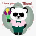 Sweet panda holds three tulips. Congratulations on your mother`s day, in the style of cartoons.