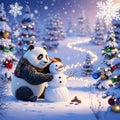 Cute Panda Playing in Snow with a Snowman in Festive Background Royalty Free Stock Photo