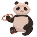 Cute panda plays the tambourine. Isolate on white background. Vector graphics