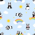 Cute panda print. Childish seamless pattern with cartoon pandas, rainbow and sun. Cartoon wild animal vector texture