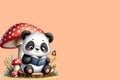 Cute panda reading a book peach fuzz color background