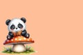 Cute panda reading a book peach fuzz color background