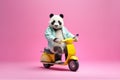 a cute panda riding a bike, concept of Animal behavior,