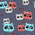 Cute panda seamless pattern, hand drawn on blue background with hearts, vector illustration.background for greeting Royalty Free Stock Photo