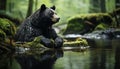 Cute panda sitting on branch, eating, in tranquil rainforest generated by AI