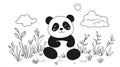 Cute Panda Sitting in Grass with Clouds and Sun - Outline Royalty Free Stock Photo