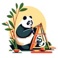 Cute panda sitting on a ladder and painting a skull. Vector illustration. generative AI