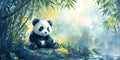 Cute panda sitting peacefully by a serene bamboo forest and river Royalty Free Stock Photo