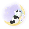 Cute panda sleeping on the crescent moon hand drawn cartoon watercolor illustration Royalty Free Stock Photo