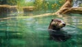 Cute panda swimming in tranquil pond, surrounded by lush green generated by AI