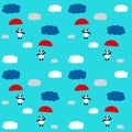 Cute panda under an umbrella in the sky. Childish seamless pattern