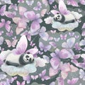 A cute panda with wings sleeps on a cloud, and there are gentle butterflies around. Watercolor illustration. Seamless