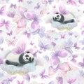 A cute panda with wings sleeps on a cloud, and there are gentle butterflies around. Watercolor illustration. Seamless