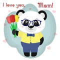 Sweet panda holds three tulips. Congratulations on your mother`s day, in the style of cartoons.