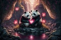 Cute pandas couple celebrate valentines day at a waterfall cave, Generative AI