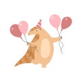 Cute Pangolin Cartoon Character in Party Hat with Pink Balloons, Rare Species of Animals Vector Illustration