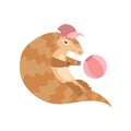 Cute Pangolin Cartoon Character in Pink Baseball Cap Playing with Ball, Rare Species of Animals Vector Illustration