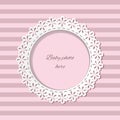 Cute paper cut photo frame for baby girl on striped seamless background in pastel pink colors. Can be used for baby shower, Royalty Free Stock Photo