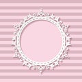 Cute paper cut photo frame for baby girl on striped seamless background in pastel pink colors. Can be used for baby shower, Royalty Free Stock Photo