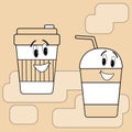 Cute paper milkshake cup flirts with a paper cup of hot coffee on a beige background