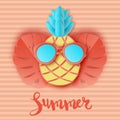 Cute paper pineapple in sunglasses and tropical leaves on stripe