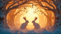 Cute illustration of two easter bunnys in a forest Royalty Free Stock Photo