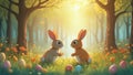 Cute illustration of two easter bunnys in a forest Royalty Free Stock Photo