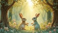Cute illustration of two easter bunnys in a forest Royalty Free Stock Photo