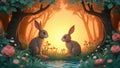 Cute illustration of two easter bunnys in a forest Royalty Free Stock Photo