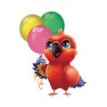 Cute Parakeet Parrot Holding Party Balloons - Kids Happy Birthday from Happy Blue-Eyed Hand-Drawn Animated Cartoon Character