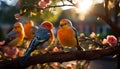 A cute parakeet perching on a branch, surrounded by vibrant colors generated by AI