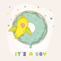 Cute Parrot on a Colorful Donut. Baby Shower or Arrival Card