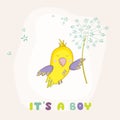 Cute Parrot Flying with a Flower. Baby Shower or Arrival Card