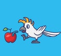 cute parrot found apple fruit with a worm ceterpillar food. animal flat cartoon style illustration icon premium vector logo mascot Royalty Free Stock Photo