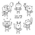 Cute party animals outlined illustration, vector collection Royalty Free Stock Photo