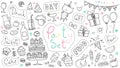 Cute party hand drawn doodle collection isolated on white background. Kawaii party doodle drawing for decoration scrapbook,