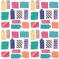 Cute party presents seamless pattern. Paper-wrapped gifts with ribbons and bows in fun and colorful colors. christmas, birthday Royalty Free Stock Photo